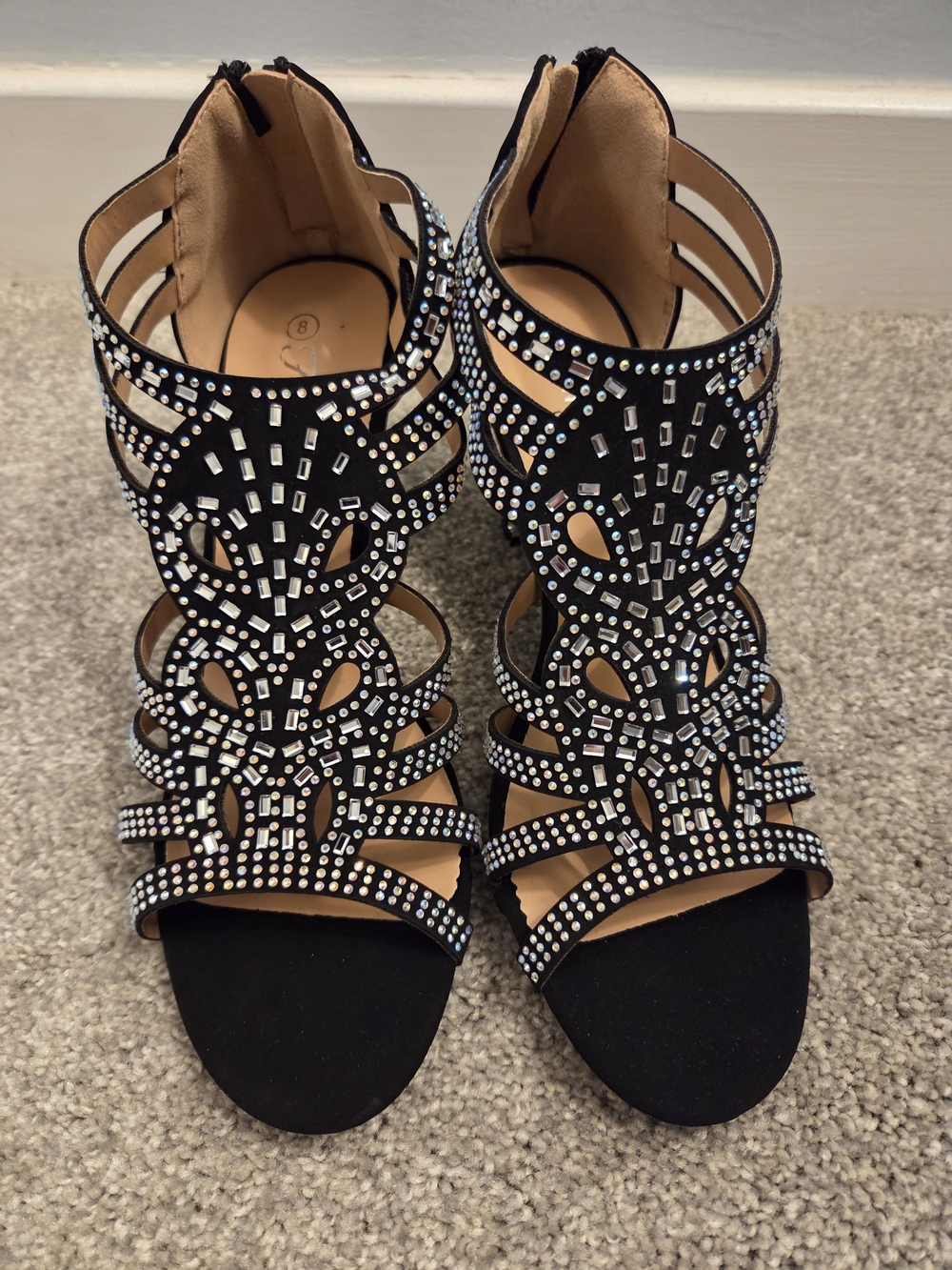 Embellished Black Strappy Heels with Crystal Detail